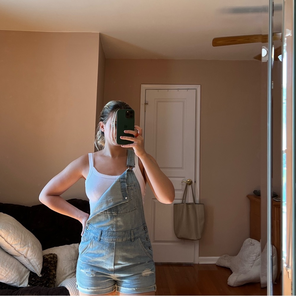 Light wash overall shorts